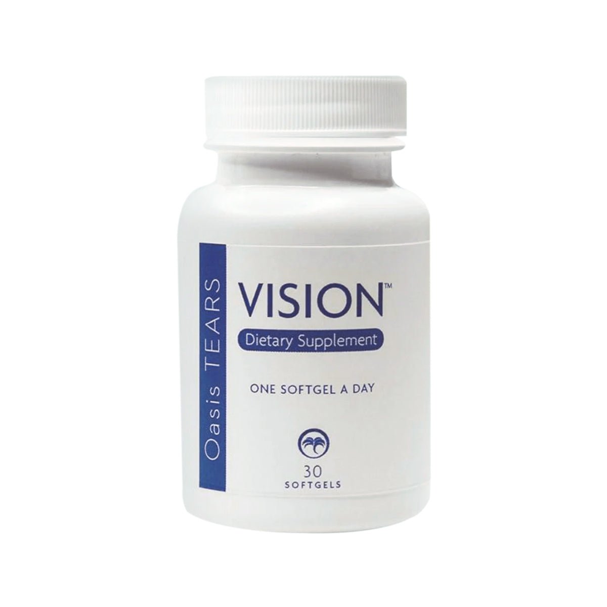 Oasis Medicals Oasis Tears Vision Daily Dietary Supplement comes in a white bottle with 30 NON-GMO softgels, each promoting One Softgel a Day for optimal eye health.