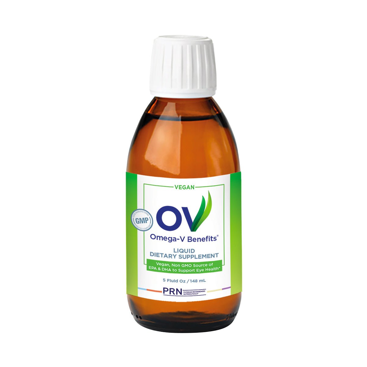 A brown 5 oz bottle of PRN Omega-V Benefits Liquid has a white cap and features green and blue branding on a white label. Its an omega-vegan liquid dietary supplement made from algae oil, stamped with Vegan and GMP, by PRN - Physician Recommended Nutriceuticals.