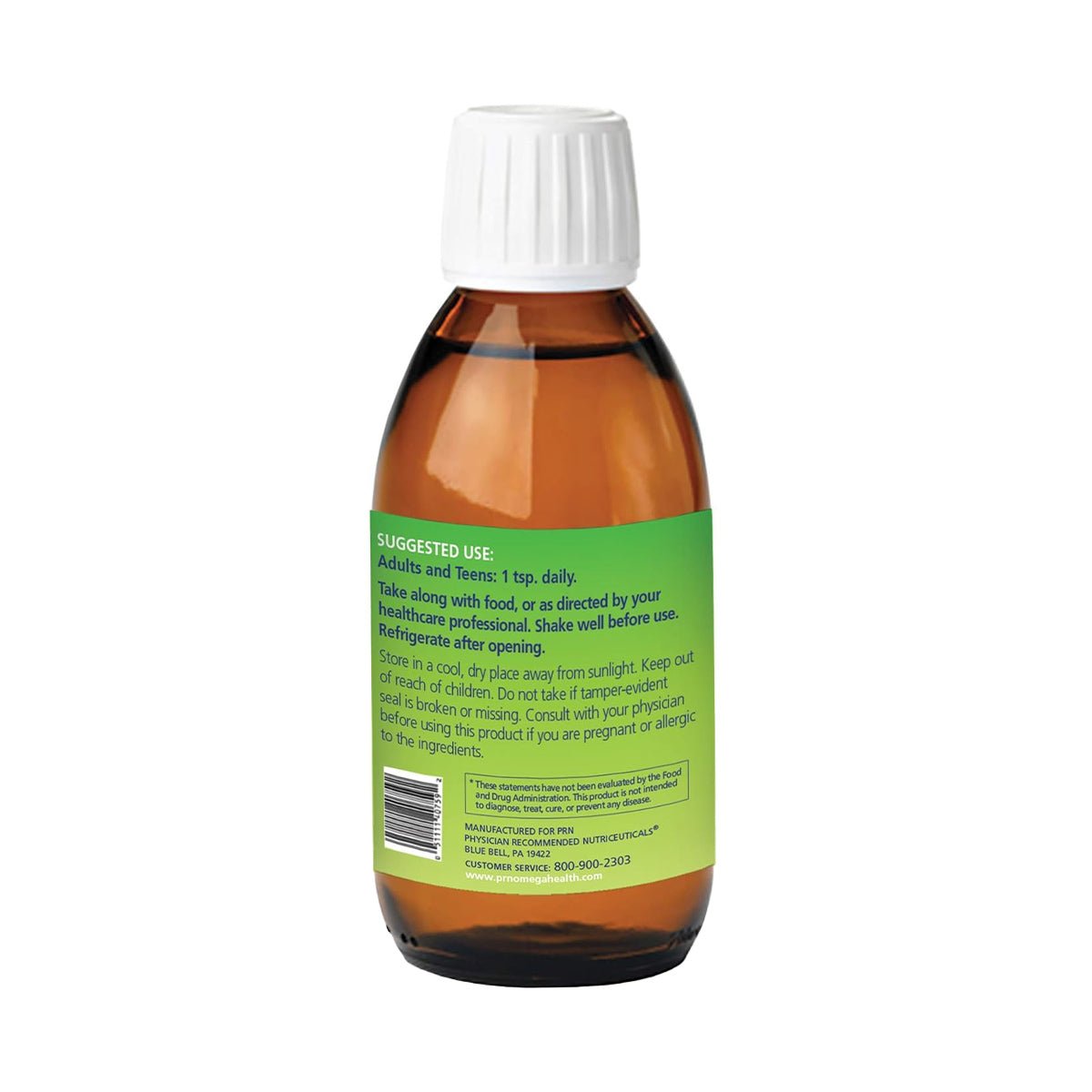 A brown glass bottle with a white cap and green label is displayed on a white background. It shows usage instructions for PRN Omega-V Benefits Liquid (5 oz) Vegan Formula, recommending 1 tsp daily, along with storage and caution information. Brand: PRN - Physician Recommended Nutriceuticals.