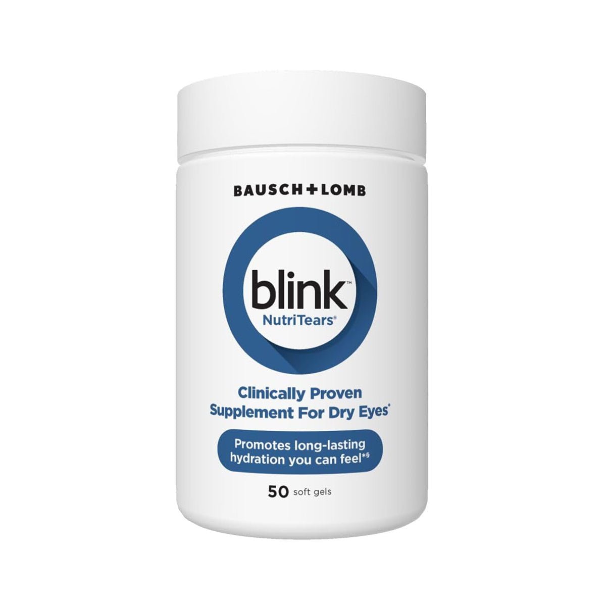 A white bottle of Bausch + Lombs Blink NutriTears supplement for Dry Eyes (50 Softgels - 2 Mo Supply) with blue text claims to be a clinically proven dry eye solution promoting long-lasting hydration and tear production.