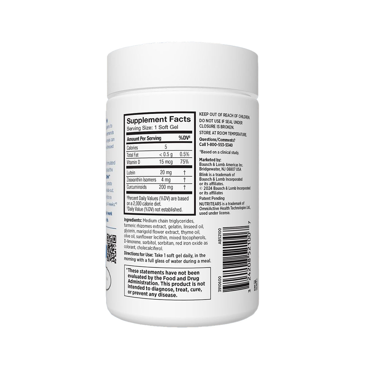 A white bottle labeled Blink NutriTears by Bausch + Lomb shows supplement facts for dry eye relief softgels, including calories, fat, and lutein content. It offers usage directions and FDA disclaimers, highlighting clinically proven tear production benefits. Contains 50 softgels for a 2-month supply.