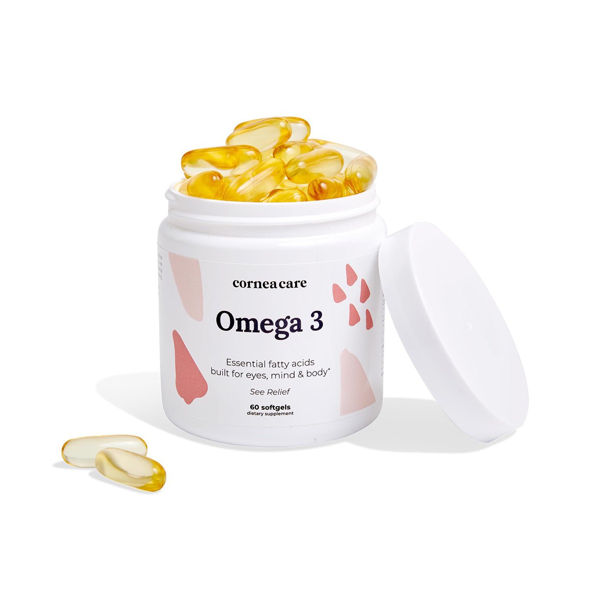 A white CorneaCare container labeled Triple Strength Omega 3 Fish Oil, featuring yellow softgel capsules spilling out, has a label with peach and pink shapes. These supplements provide essential fatty acids for eyes, mind, and body, offering relief for dry eyes.