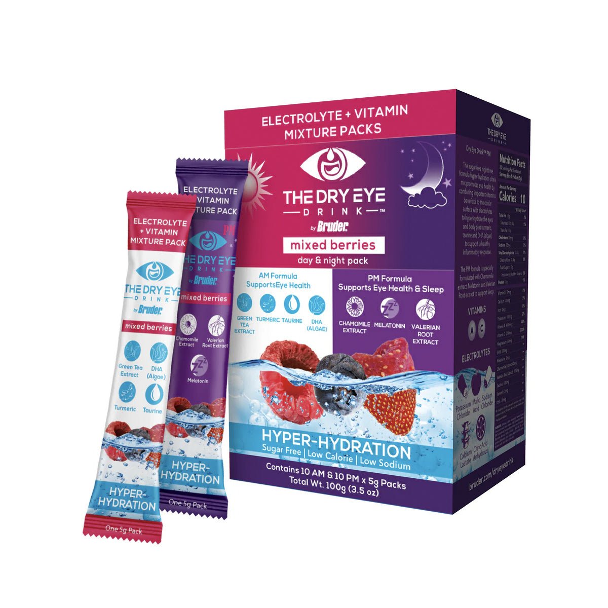 The Dry Eye Drink the Ultimate Hydration for Dry Eyes, Sugar - Free Electrolyte Powder Packets, Blended with Vitamins, Green Tea, Turmeric, Taurine, and Omega 3 (20 Packets of Mixed Berry AM/PM) - Dryeye Rescue