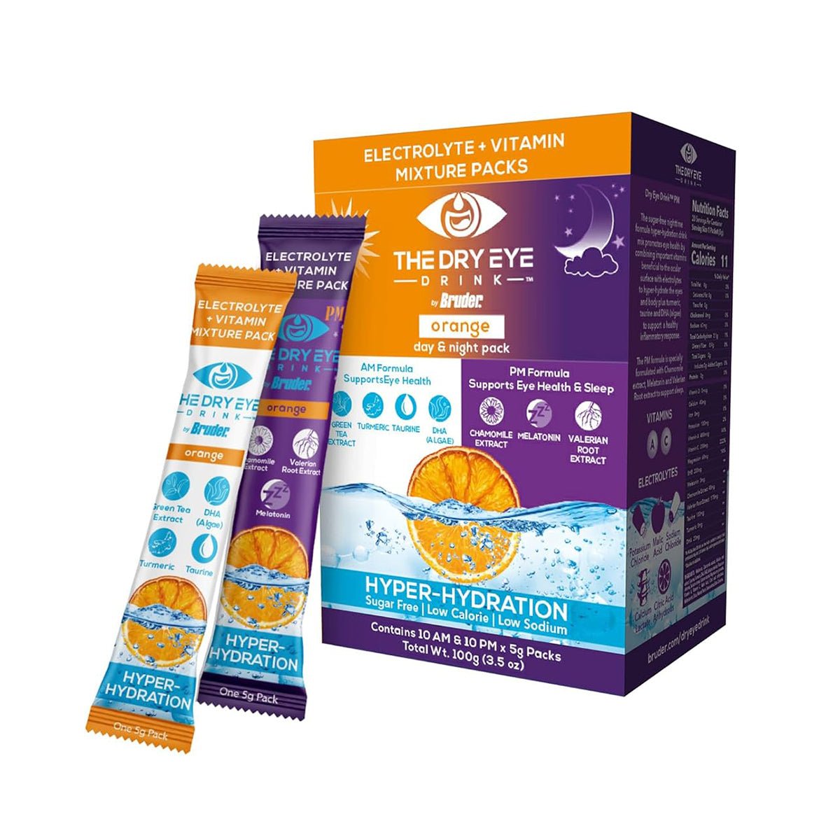 The Dry Eye Drink the Ultimate Hydration for Dry Eyes, Sugar - Free Electrolyte Powder Packets, Blended with Vitamins, Green Tea, Turmeric, Taurine, and Omega 3 (20 Packets of Orange AM/PM) - Dryeye Rescue