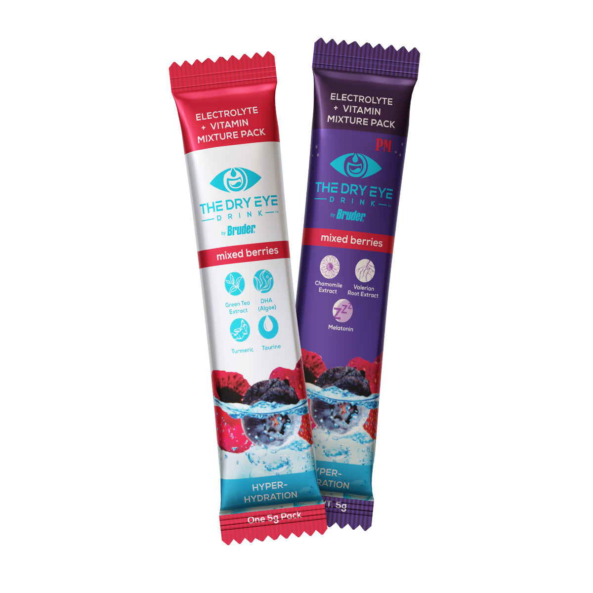 Two columns show nutrient facts and ingredients for Bruders Dry Eye Drink™ Complete Set – Daytime & PM Hydration for Dry Eyes (Mixed Berries, 20 Packets). Each features calories, vitamins, and electrolytes focusing on hydration. Background colors are cyan and purple.