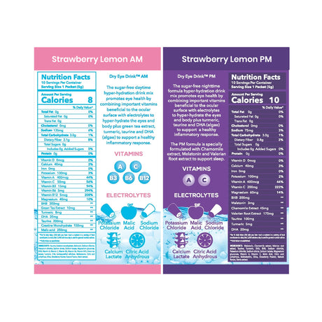 The Bruder Dry Eye Drink™ Complete Set includes “Strawberry Lemon” drinks with AM pink labels for freshness and PM purple for soothing dry eye relief, featuring ingredients, vitamins, electrolytes, calories. 20 packets total (10 each).