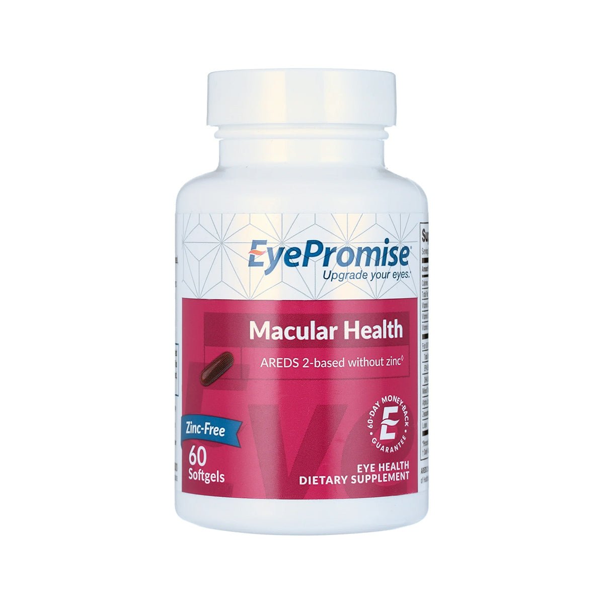 A white bottle labeled EyePromise® Macular Health contains 60 softgels for age-related eye health. Zinc-free and AREDS2-based, the red and white design emphasizes Omega-3s & Vitamin D for aging eyes.