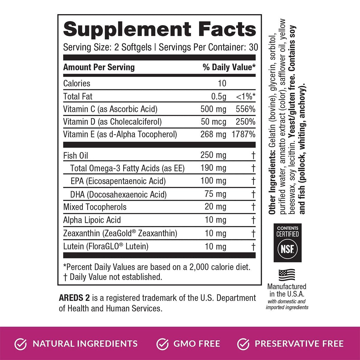 The EyePromise® Macular Health is a zinc-free AREDS2-based eye vitamin with omega-3s and vitamin D, focusing on age-related eye health. The supplement includes NSF certification, servings per container, daily values for vitamins C, D, E, EPA, DHA; and features natural ingredients.