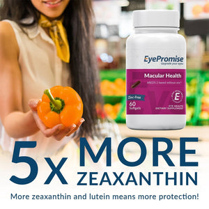 A woman holds an orange bell pepper next to EyePromise® Macular Health, a zinc-free AREDS2-based eye vitamin with Omega-3s and Vitamin D. Featuring 5x More Zeaxanthin, it enhances macular health and protects aging eyes by boosting zeaxanthin and lutein levels.