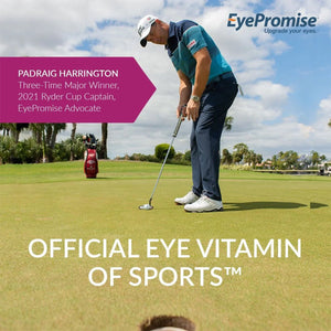Under a clear sky, a golfer putts on the green. Text reads: Padraig Harrington, Three-Time Major Winner, 2021 Ryder Cup Captain, EyePromise Advocate for Age-Related Eye Health and EyePromise Macular Health – Zinc-Free AREDS2-Based Eye Vitamin with Omega-3s & Vitamin D for Aging Eyes.