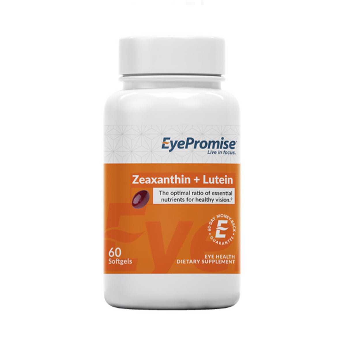 The EyePromise Zeaxanthin + Lutein Eye Vitamin, in a white bottle with an orange design, offers 60 softgels. It highlights the ideal lutein and zeaxanthin ratio crucial for eye health as a dietary supplement.