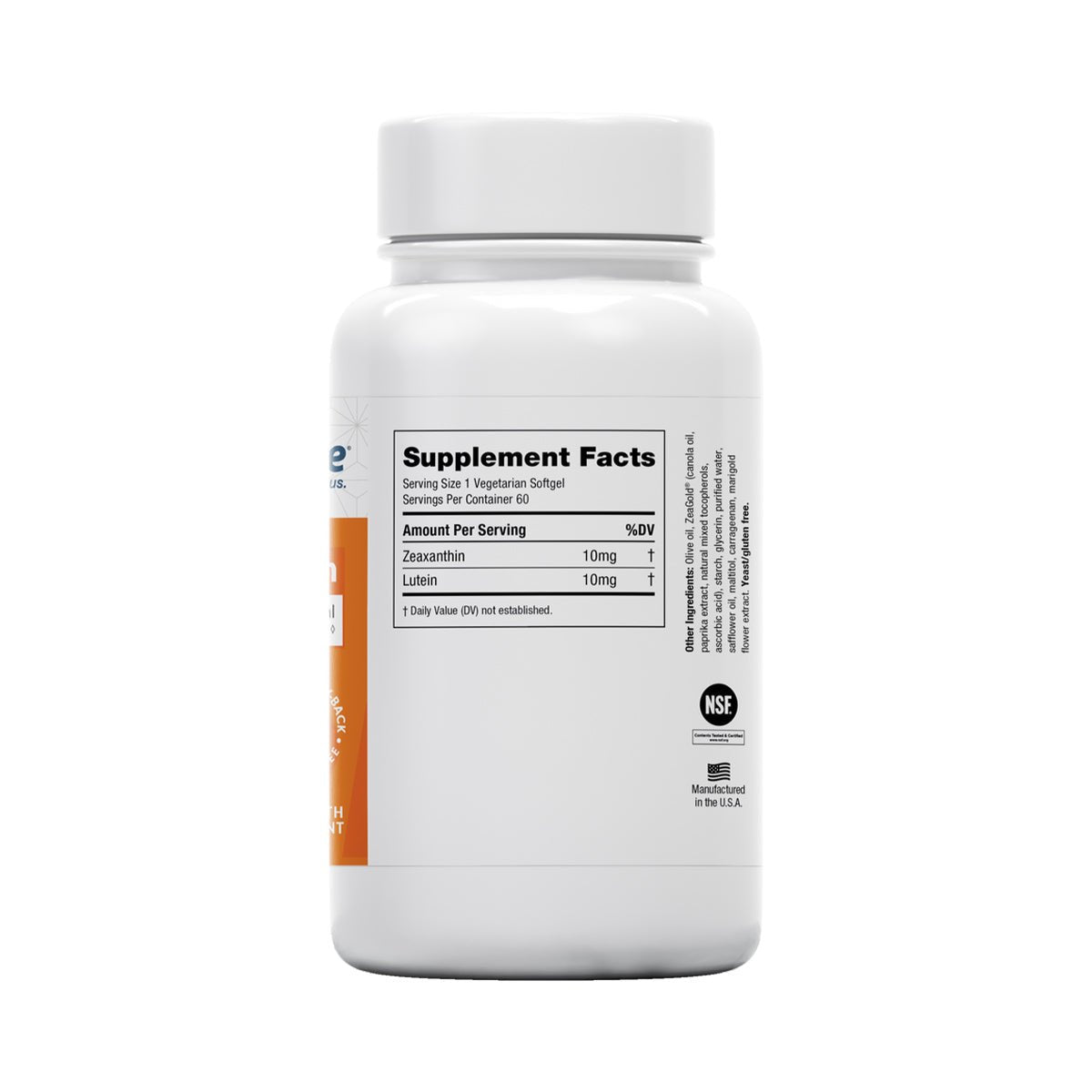 The EyePromise Zeaxanthin + Lutein Eye Vitamin, in a white bottle with supplement facts label, contains 10mg of lutein and 10mg of zeaxanthin per serving. It features the NSF certification mark and is made in the USA.