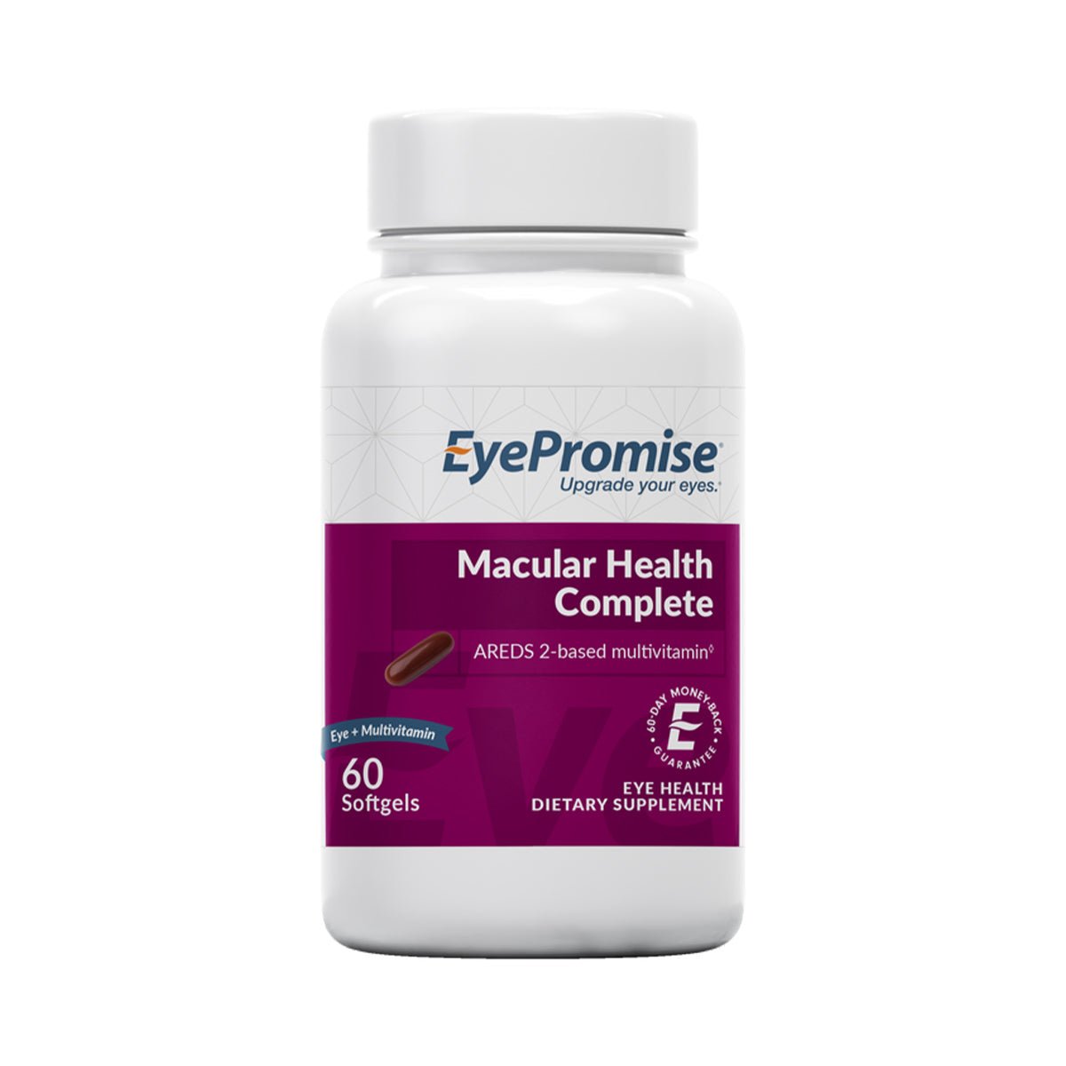 A white bottle labeled EyePromise Macular Health Complete AREDS 2 based Multivitamin (60ct) features a purple section with a capsule image, highlighting it as an eye vitamin for superior vision support and overall eye health.