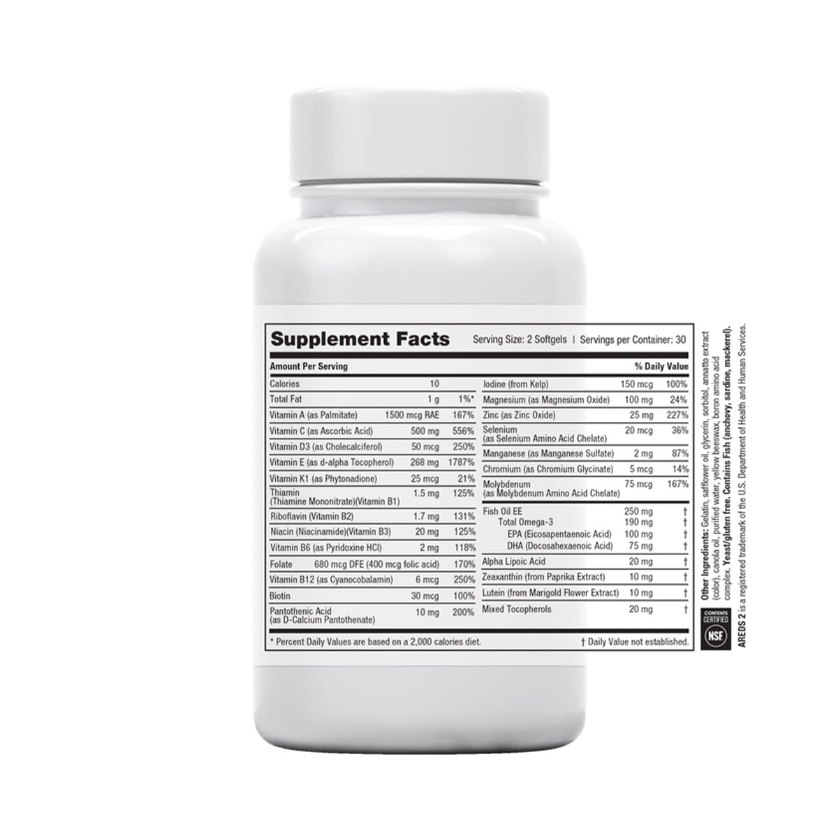 A white bottle displays EyePromise Macular Health Complete AREDS 2-based Multivitamin (60ct) with a label highlighting supplement facts, showcasing vitamins, minerals, and nutrients for vision support in typical small percentages and quantities found on eye vitamin packaging.