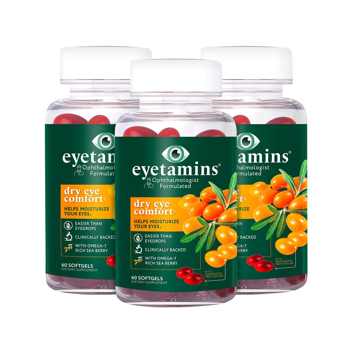 Eyetamins Dry Eye Comfort bundle includes three 60ct bottles. The green label showcases orange sea buckthorn berries, emphasizing its vegan omega 3 formula for natural eye moisturization.