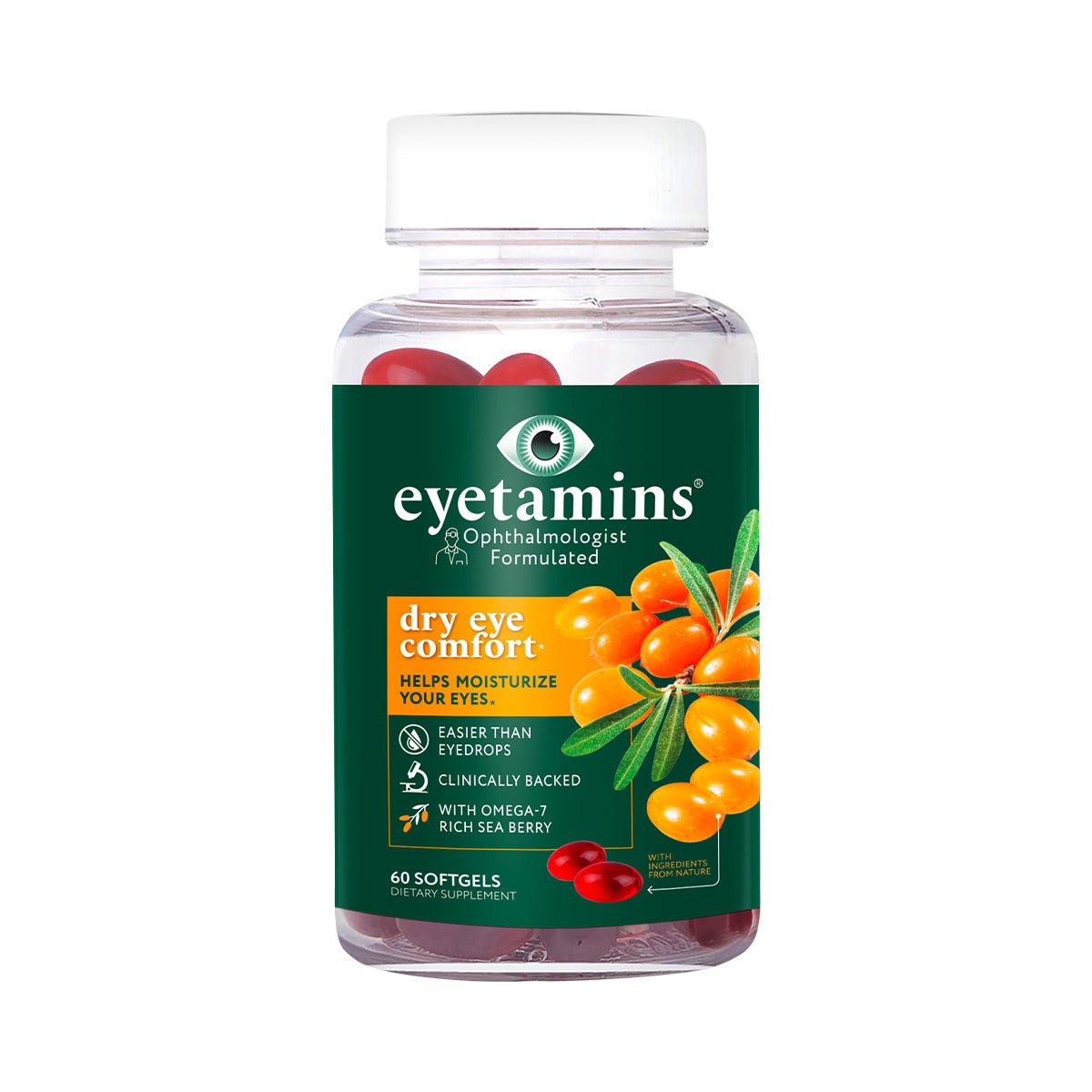 Eyetamins Dry Eye Comfort features 60 vegan omega-3 softgels in a clear bottle adorned with a green label and sea berry illustration. The red and yellow softgels provide clinically backed benefits for eye moisture, emphasizing their omega-rich content.