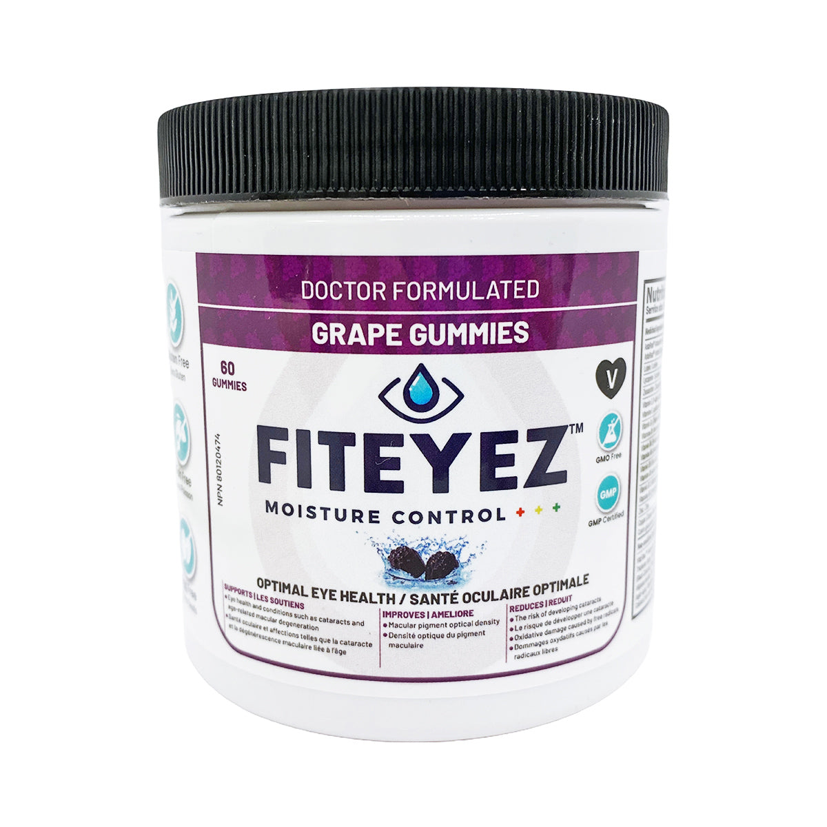 FitEyez Eye Fitness Gummies, a 60-count grape multivitamin, promise Doctor Formulated care for optimal eye health with Astareal® Astaxanthin. These gummies support Eye Fitness and Dry Eye protection, all in a white container with a sleek black lid.