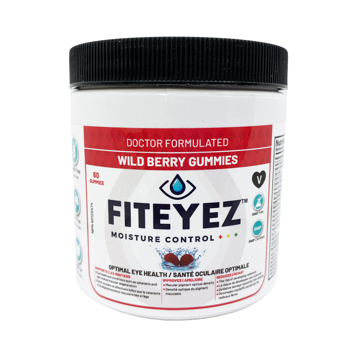 A container of FitEyez Eye Fitness Gummies, Complete Multivitamin for your Eyes (Wild Berry 60ct), has a black lid. Its label reads Doctor Formulated and Optihal Eye Health, includes the vegan symbol, and offers nutrients supporting optimal eye fitness.