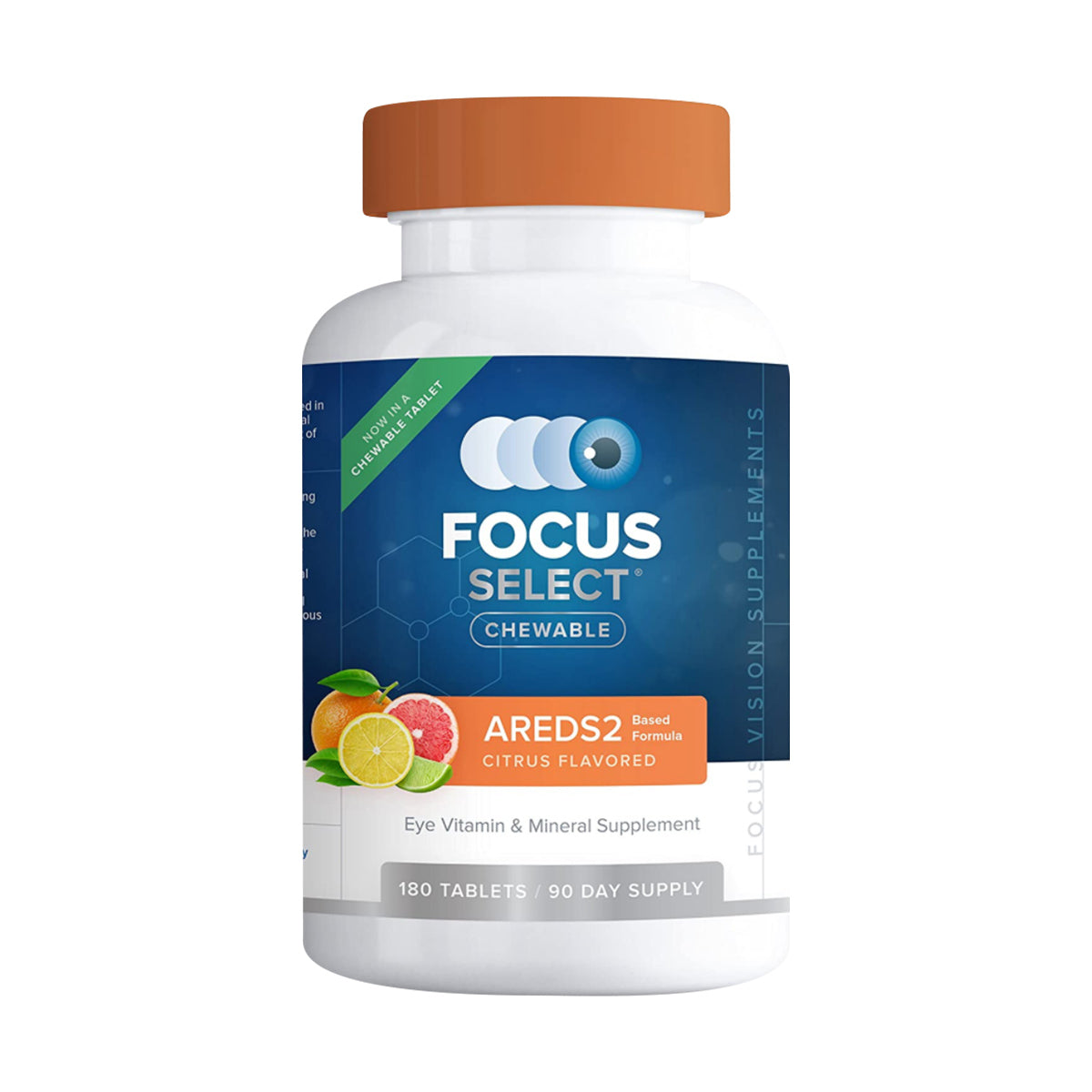 The Focus Select Supplement by Focus Vitamins, a blue bottle featuring an eye graphic and hexagonal design, offers macular health support for 90 days. It contains 180 softgels with an AREDS2 formula as an eye vitamin and mineral supplement to combat Age-Related Macular Degeneration.