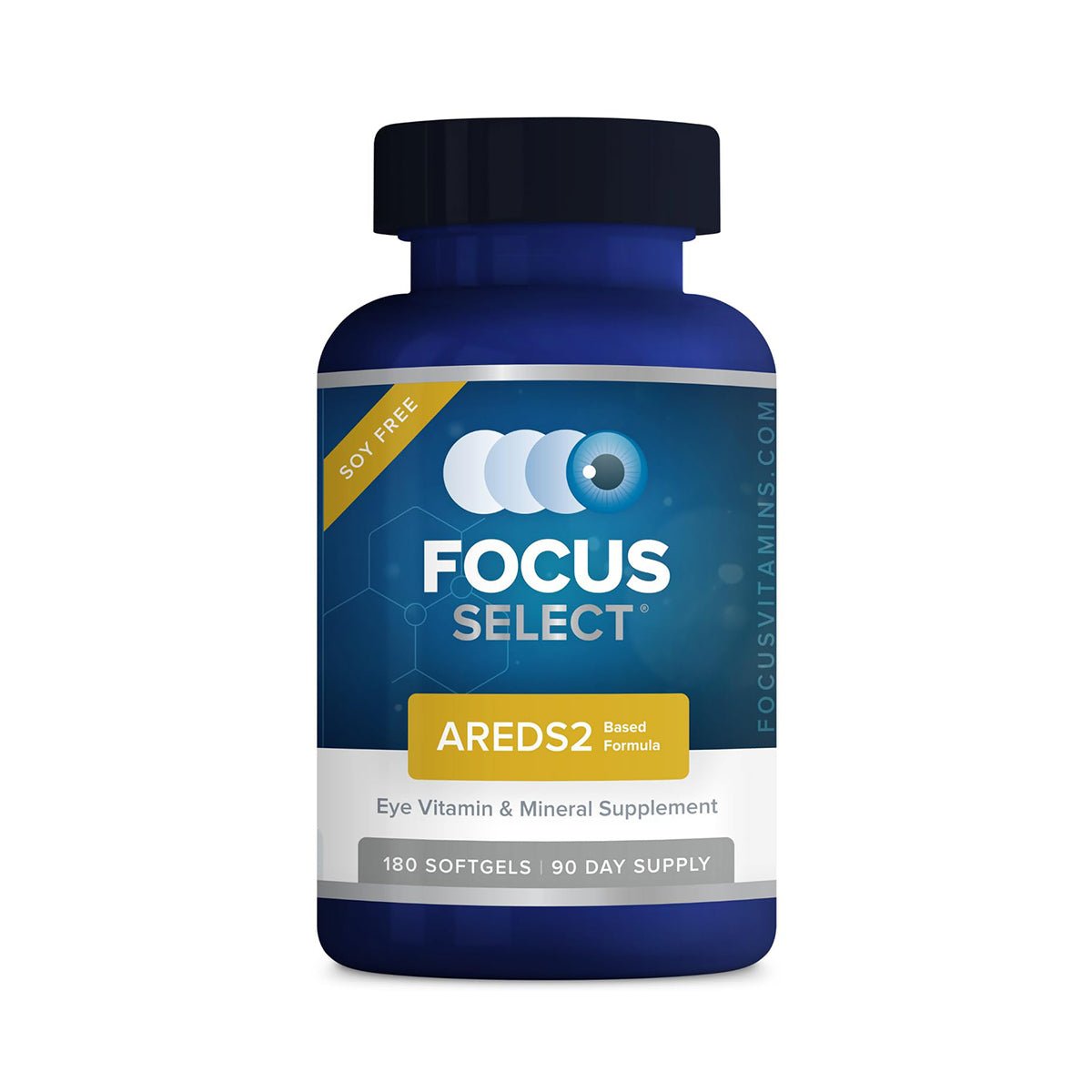 The Focus Select Soy Free Supplement by Focus Vitamins offers an AREDS2-based formula for macular degeneration. Packaged in a blue bottle with a white cap, it provides 180 softgels, giving you a 90-day supply of essential eye vitamins and minerals.