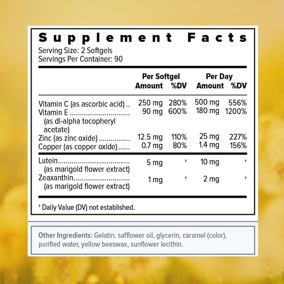 The Supplement Facts label on Focus Select Soy Free Supplement by Focus Vitamins lists the content per 2 softgels, showing daily values for Vitamin C, E, Zinc, Copper, Lutein, and Zeaxanthin. Its specially formulated for macular health with an AREDS2-based formula plus gelatin and sunflower lecithin.