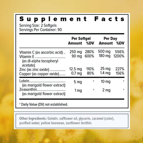 The Supplement Facts label on Focus Select Soy Free Supplement by Focus Vitamins lists the content per 2 softgels, showing daily values for Vitamin C, E, Zinc, Copper, Lutein, and Zeaxanthin. Its specially formulated for macular health with an AREDS2-based formula plus gelatin and sunflower lecithin.