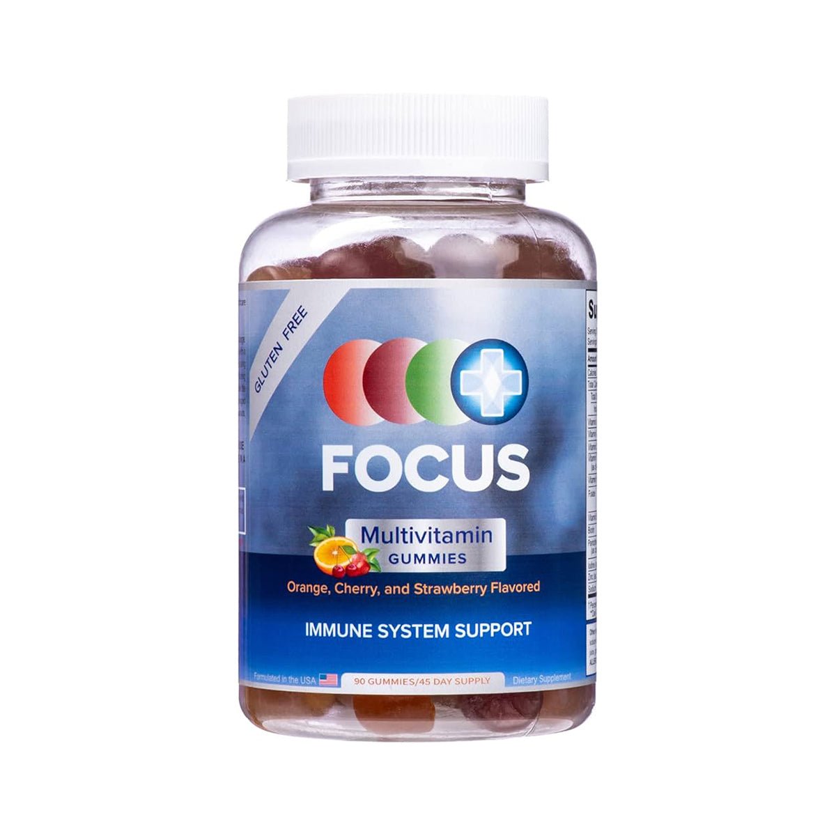 Focus Vitamins Focus Multivitamin Gummies support energy and immune health with orange, cherry, and strawberry flavors. This gluten-free, USA-made bottle contains 90 gummies for daily wellness over a 45-day supply.