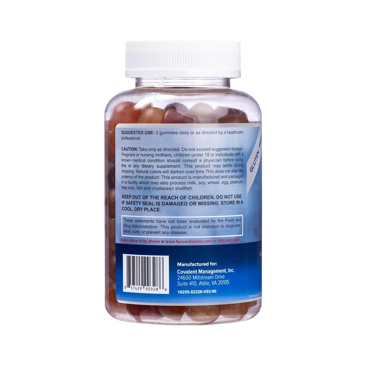 A transparent plastic bottle filled with dark, round Focus Multivitamin Gummies from Focus Vitamins supports overall health and includes dosage instructions, caution warning, manufacturer details, and a website. The bottle features a white lid and contains 90 gummies for a 45-day supply.