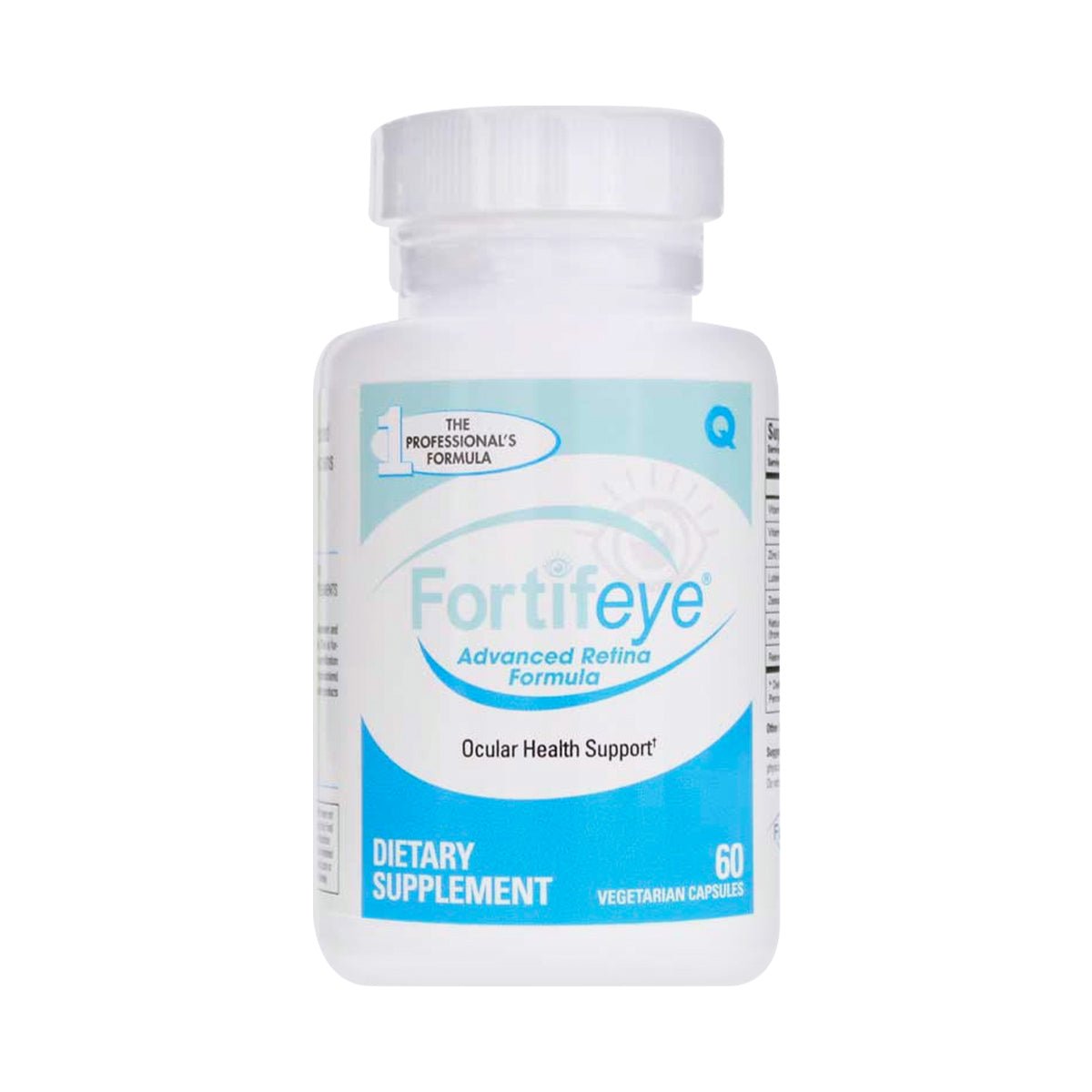 The Fortifeye Advanced Retina Formula dietary supplement, inspired by AREDS2 research, comes in a white bottle with a blue label and offers Ocular Health Support for macular degeneration. It contains 60 vegetarian capsules.