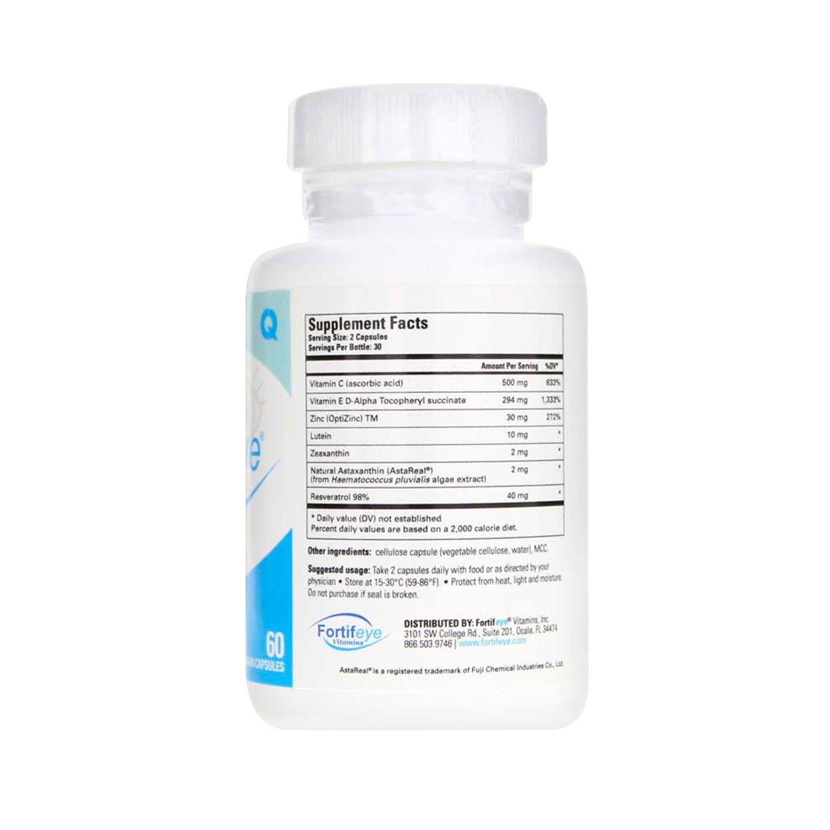 The Fortifeye Advanced Retina Formula by Fortifeye features a white bottle and cap, detailing supplement facts of Vitamin C, Vitamin E, Coenzyme Q10, and Lutein to support eye health for those concerned about macular degeneration. The bottle contains 60 softgels.