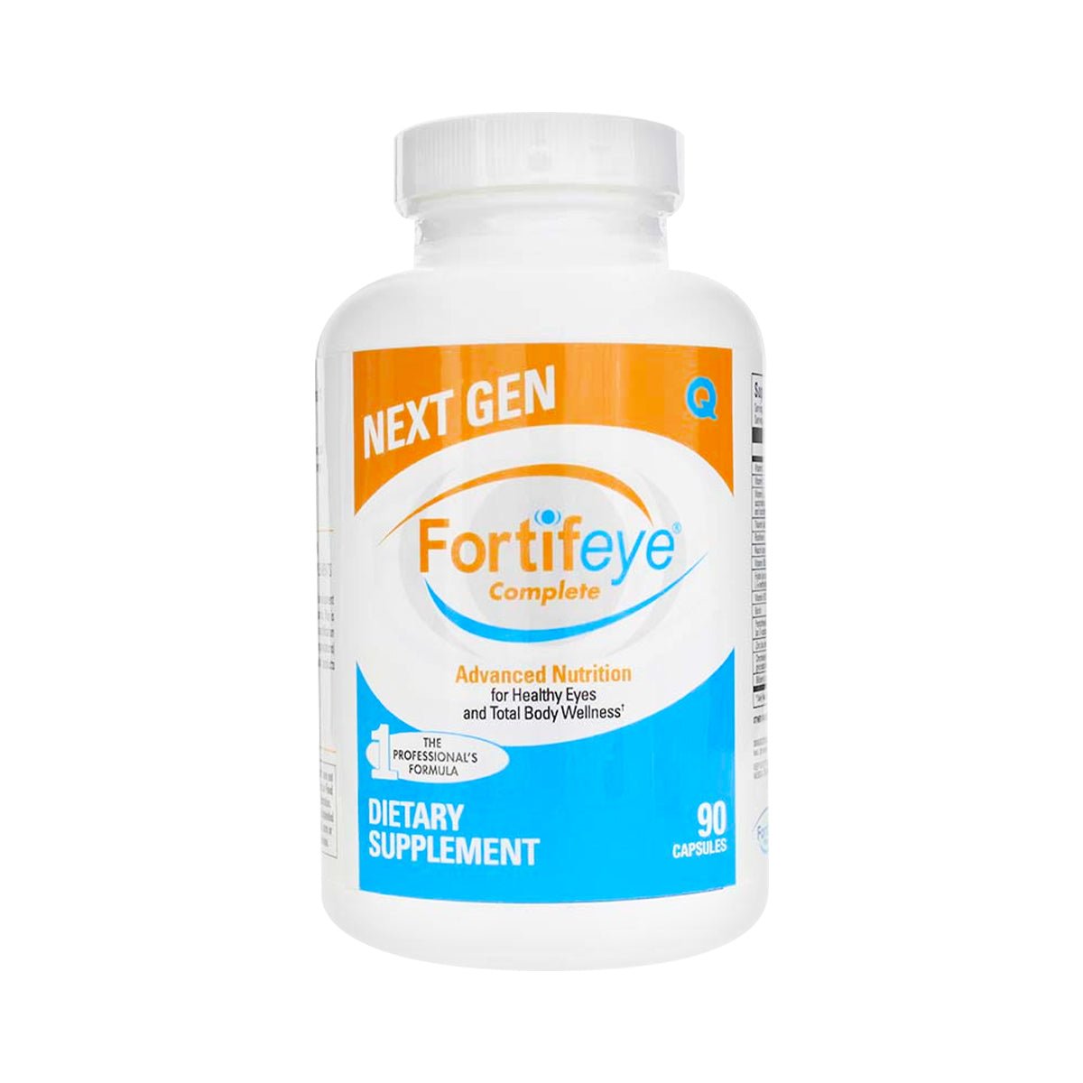 Fortifeye Next Gen Complete, a dietary supplement in a white bottle with an eye logo, offers advanced nutrition for optimal eye health and total body wellness. The 90-count bottle provides comprehensive nutritional support over three months.