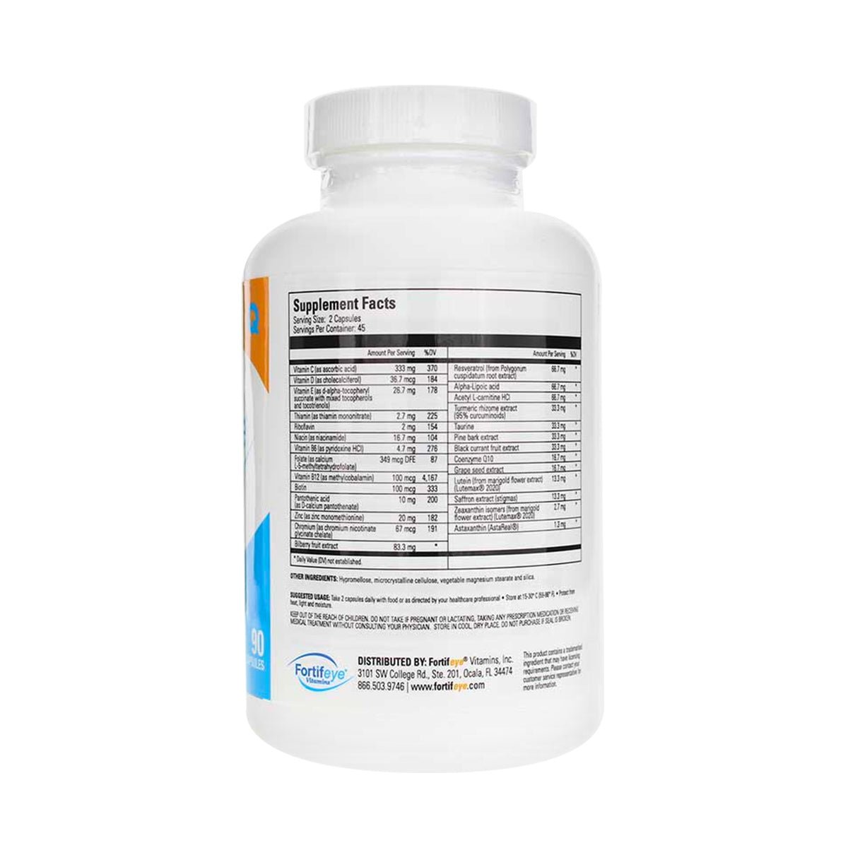 A semi-transparent white bottle with a screw-on cap has a supplement facts label and reveals tablets inside. A blue section at the bottom displays the Fortifeye Next Gen Complete branding, signaling comprehensive ocular health support.