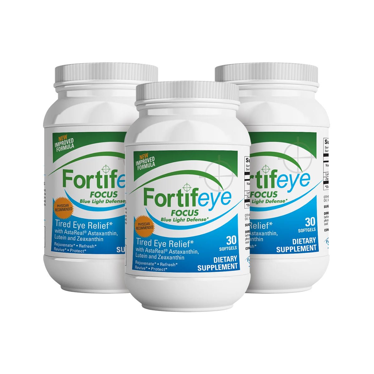 Three bottles of Fortifeye Focus Eye Supplement - Triple Carotenoid by Fortifeye highlight Tired Eye Relief with Astaxanthin, Bilberry Extract, and Zeaxanthin. The label promotes a new improved formula for blue light protection, offering 30 softgels per bottle.