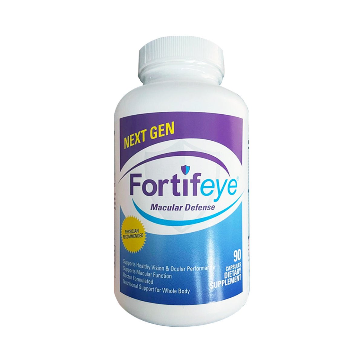 The Fortifeye Next Gen Macular Defense Eye and Whole Body Support dietary supplement features a white bottle with a purple and blue label. It contains 90 capsules for three months, made with non-GMO ingredients to enhance eye health and performance using antioxidants.