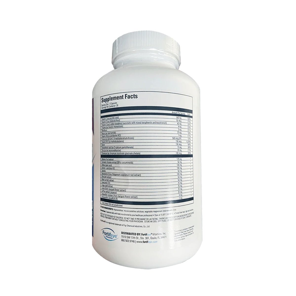 A white plastic bottle with a screw cap displays a detailed Supplement Facts label featuring antioxidants and nutrients for eye health, similar to those in Fortifeye Next Gen Macular Defense Eye and Whole Body Support.