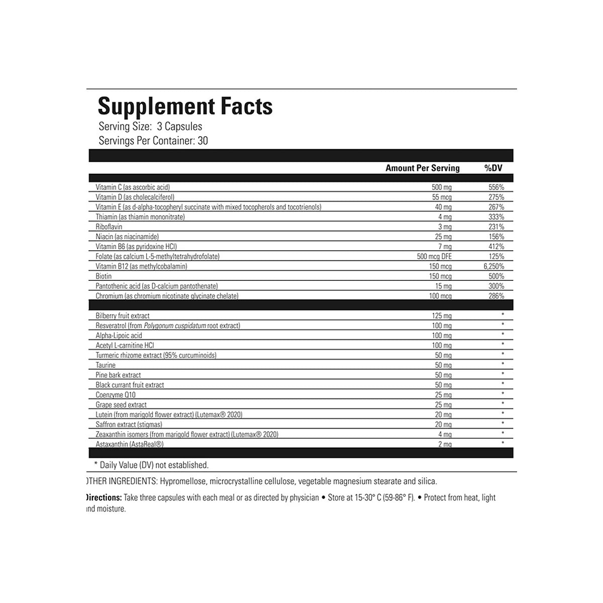 The Fortifeye Next Gen Macular Defense Eye Zinc Free and Whole Body Support label details the ingredients and their amounts per three-capsule serving, featuring a berry and organic mushroom blend. It offers usage instructions, storage advice, and is Zinc-Free for comprehensive eye health support.