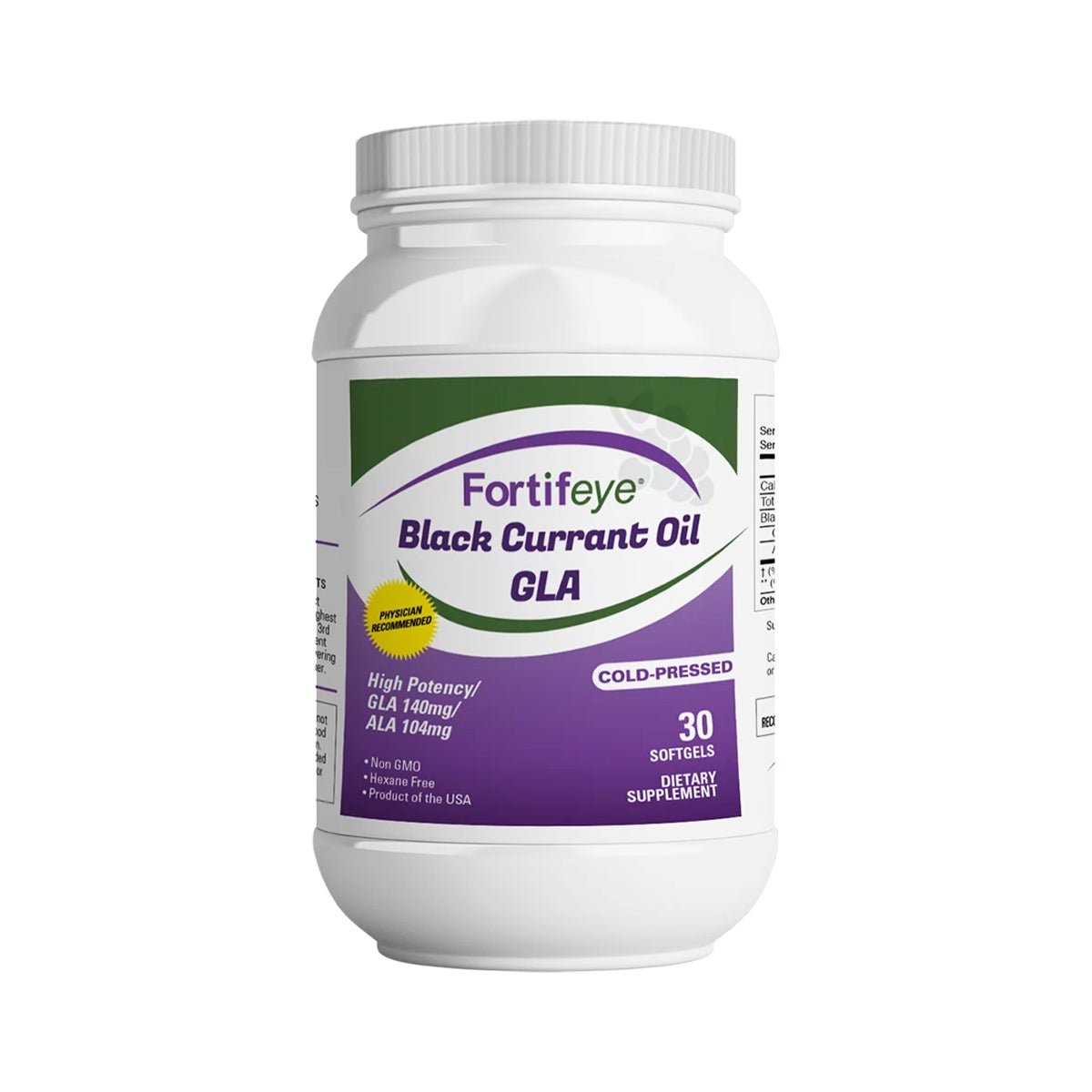 The Fortifeye Black Currant Seed Oil-GLA supplement, in a white plastic container, offers dry eye relief with 140mg High Potency GLA and 104mg ALA. Its non-GMO, cold-pressed, and includes 30 softgels.