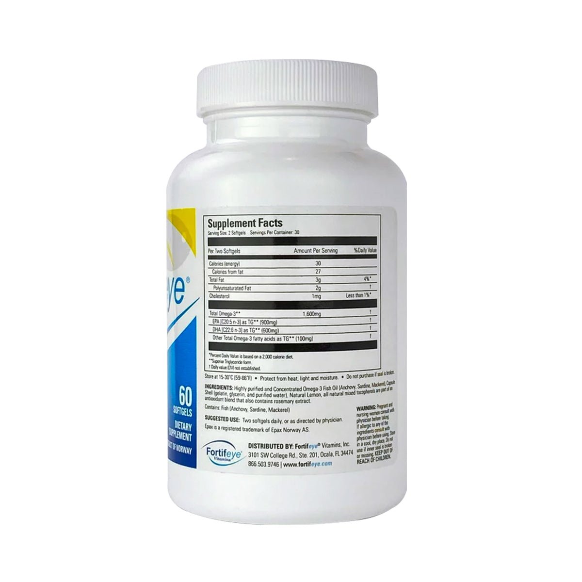 A white plastic bottle labeled Supplement Facts displays nutritional info and promotes heart health with Fortifeye Super Omega-3 Fish Oil. Contains 60 capsules. The brand Fortifeye is visible from an angled side view against a plain background.