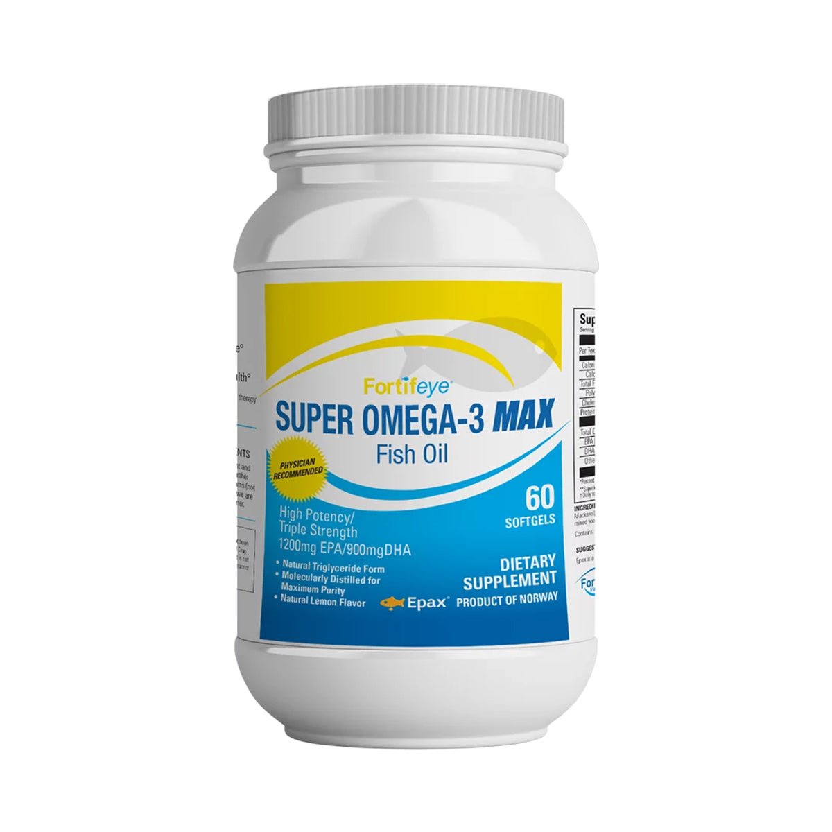 A white bottle labeled Fortifeye Super Omega-3 Max (60ct) by Fortifeye features a blue, yellow, and white design. It contains 1200mg EPA and 900mg DHA, essential omega-3s for heart health and muscle recovery, made in Norway.