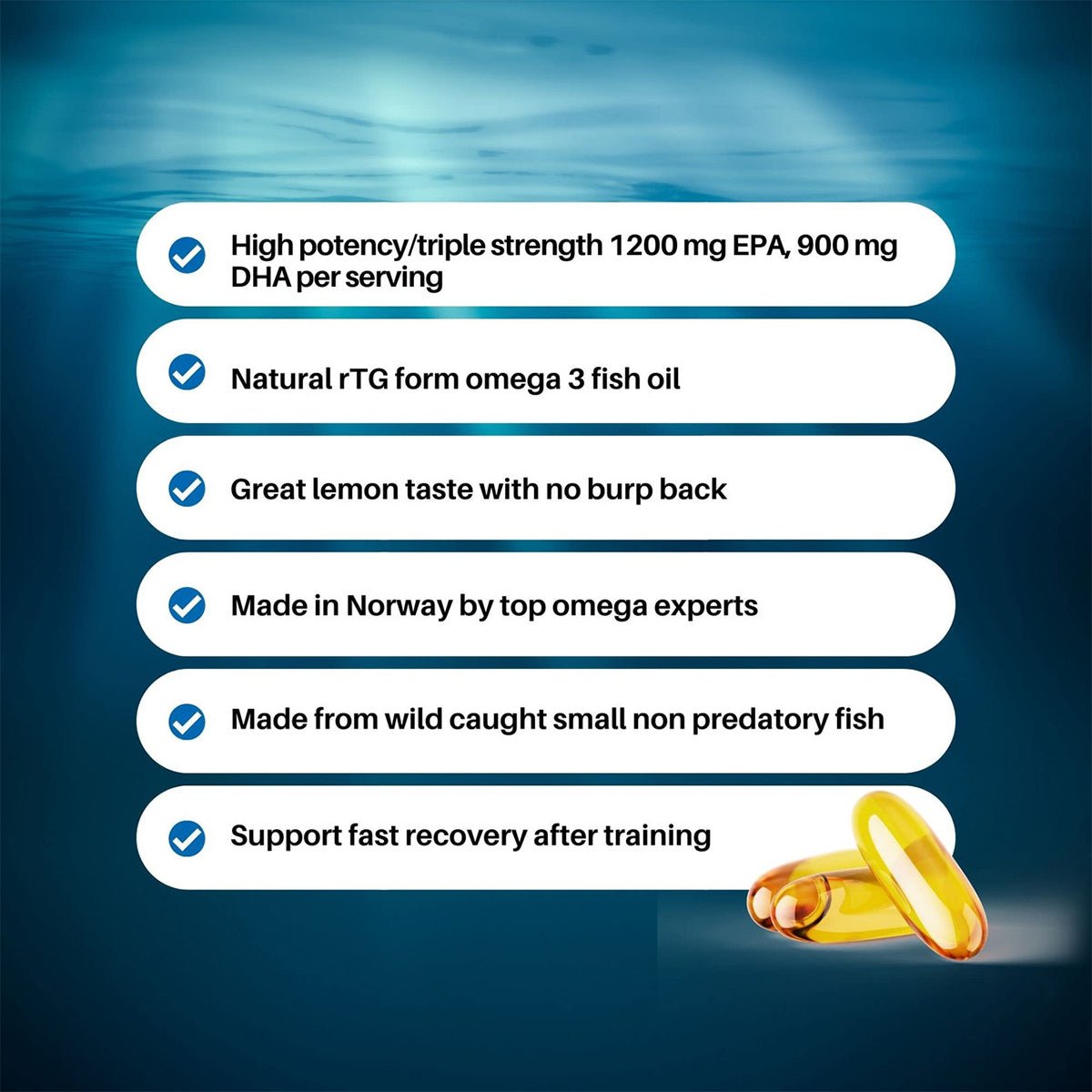 A list of Fortifeye Super Omega-3 Max benefits on a blue background includes EPA 1000 mg for high potency fish oil, lemon taste, and quick muscle recovery. Two capsules appear bottom-right.