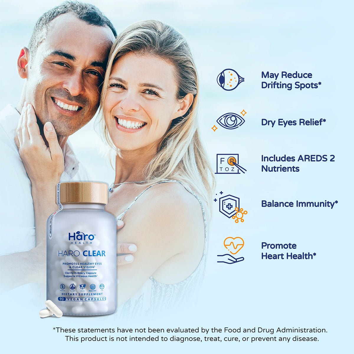 A smiling couple embraces behind Haro Clear Eye Floaters and Vitreous Health Formula (90ct) by Haro Health. Benefits: Lutein for drifting spots, relief from dry eyes, AREDS 2 nutrients for immunity balance, heart health promotion—ideal for overall eye health.