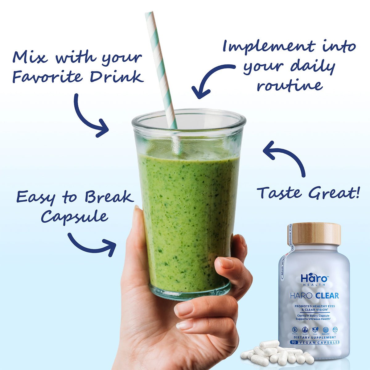 A hand holds a glass of green smoothie with a striped straw, highlighting Haro Clear Eye Floaters and Vitreous Health Formula by Haro Health. Arrows point to its AREDS 2 nutrients, ideal for daily use in drinks. Nearby, a bottle boasts Lutein-rich capsules.