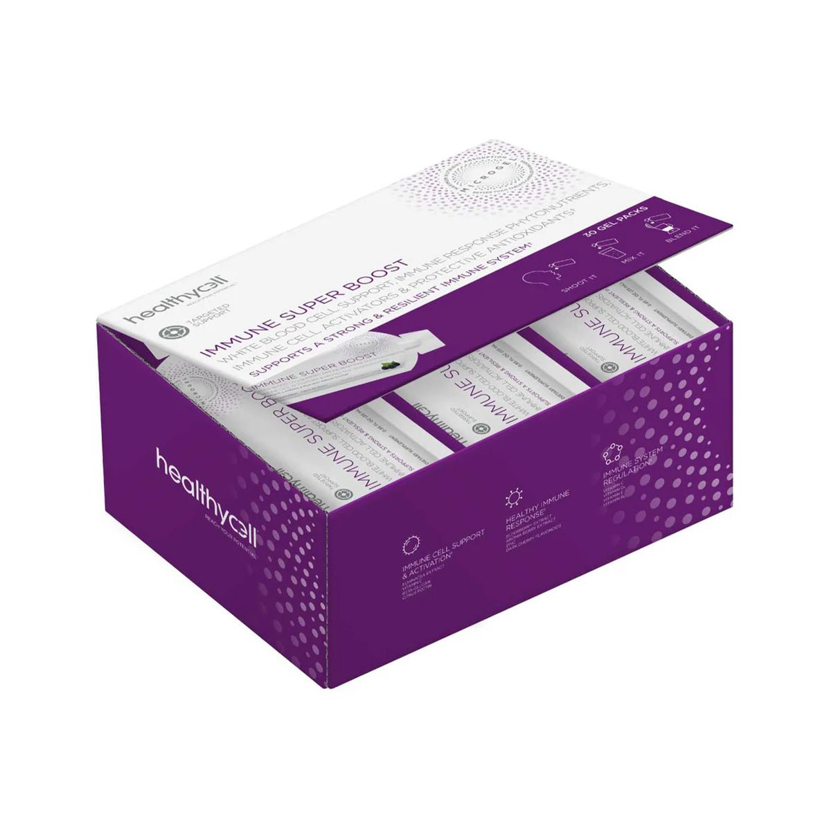 The image shows a purple and white HealthyCell box, open to reveal Immune Support Boost Gel Packs for cell support. Labeled IMMUNE SUPER BOOST, it highlights enhanced absorption, daily use, and immune support with Echinacea and Elderberry.