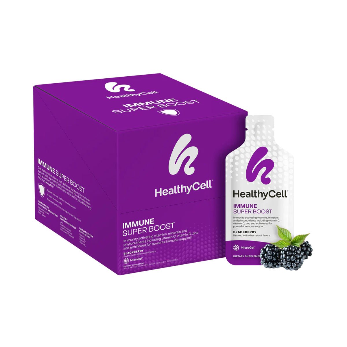 A box of HealthyCell Immune Support Boost Gel Packs with a sachet featuring blackberry graphics sits beside it, showcasing the elderberry flavor and Echinacea for immune support.