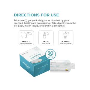 The image illustrates the usage directions for HealthyCell Calm Mood for Relaxation and Stress Support (30ct), featuring L-theanine. Instructions show Shoot It, Mix It, and Blend It, demonstrating options to consume it directly, mix it in a drink, or blend into a smoothie.