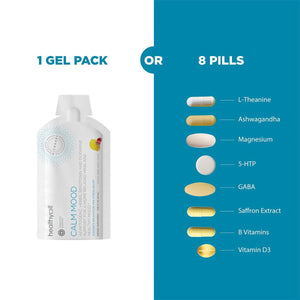 A comparison showcases the HealthyCell Calm Mood gel pack on the left and eight pills on the right, featuring L-Theanine, Ashwagandha, and Magnesium—each known for promoting calmness.