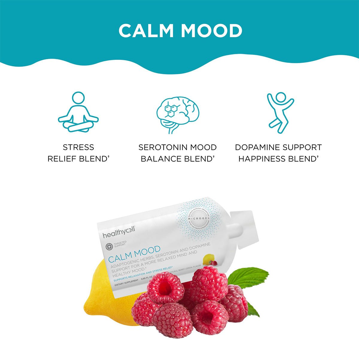 Packaging of HealthyCell Calm Mood for Relaxation and Stress Support (30ct) with lemon and raspberries nearby. Icons above show Stress Relief Blend with ashwagandha, Serotonin Mood Balance Blend, and Dopamine Support Happiness Blend.