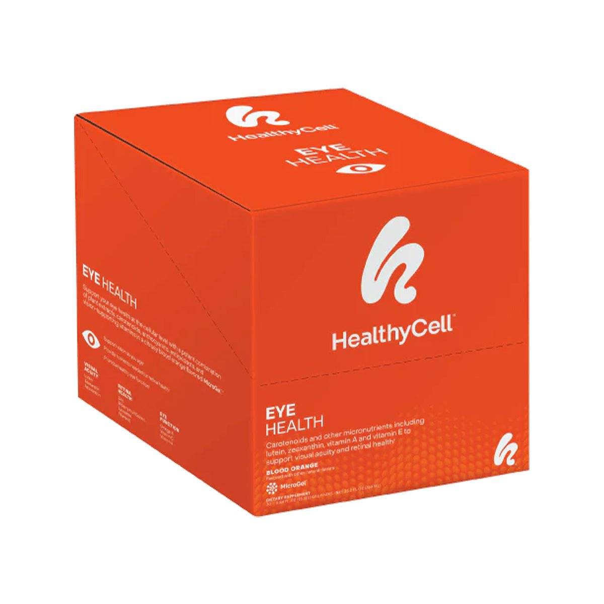 A box labeled HealthyCell Eye Health - Lutein and Zeaxanthin Supplement + Eye Vitamins for Ocular Health (30ct) highlights antioxidants, carotenoids, and other nutrients for visual acuity and retinal health. The Blood Orange flavor is featured with the prominent HealthyCell logo.