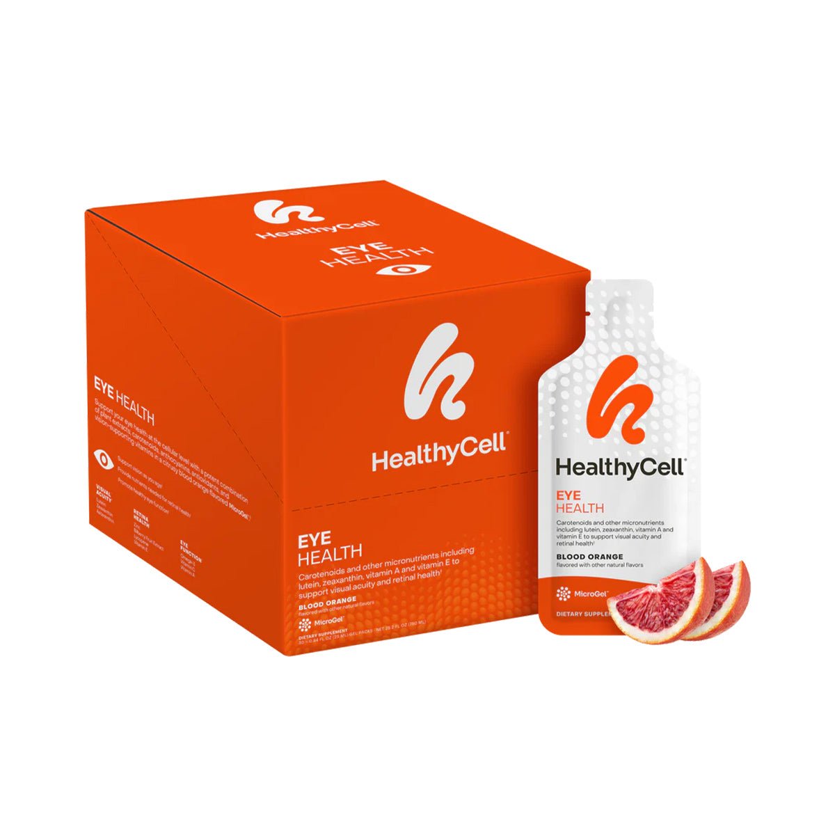 The bold orange box of HealthyCell Eye Health - Lutein and Zeaxanthin Supplement + Eye Vitamins for Ocular Health (30ct) features individual packets with blood orange graphics, while nearby blood orange slices underscore antioxidants vital for optimal eye health.