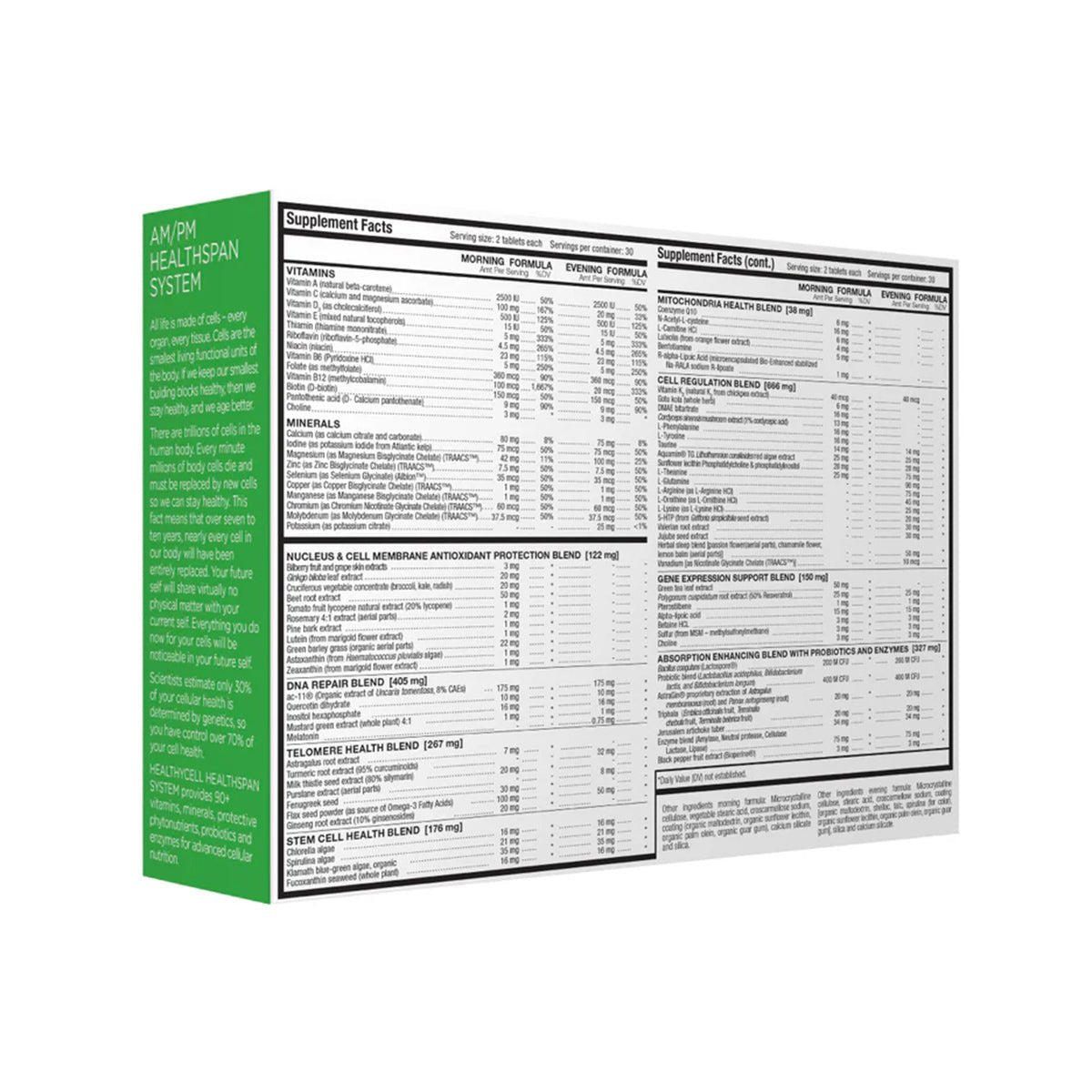 A white and green box of HealthyCell AM PM Healthspan Vitamins (30 day Supply) showcases detailed supplement facts, including vitamins, minerals, and health blends for optimal cell health, with small text listing ingredients and nutritional details of the HealthyCell Pro formula.